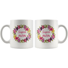 Super Mom, colorful floral wreath 11 oz mug, gifts for Mom, super cute pink, Mother's Day gift, appreciation gift