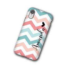 Chevron teal coral iphone xr case, personalized name iPhone 8, iPhone xs, LG G7, iPhone 7 Plus, iPhone 6s, Samsung Galaxy S9, Galaxy Note 8