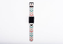 Apple Watch Band Chevron for women, heart, teal, coral, artificial leather, 38 mm, 42 mm, Apple watch strap for her, gift box, series 4