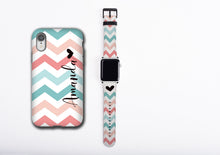 Chevron teal coral iPhone case & Apple Watch Band, personalized name iPhone cover watch strap set, floral design, faux leather, 38 / 42 mm