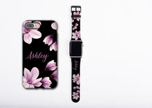 Magnolia Flower iPhone case & Apple Watch Band Set, custom name phone case watch band, faux leather, personalized, all series 38/40/42/44mm