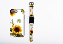 Sunflower Apple Watch Band & iPhone 11 case set, floral phone case and watch band set, custom monogram iPhone case, faux leather, 38 / 42 mm
