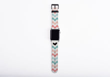 Chevron teal coral iPhone case & Apple Watch Band, personalized name iPhone cover watch strap set, floral design, faux leather, 38 / 42 mm