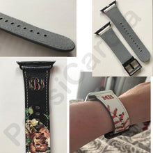 Apple Watch Band sunflowers, custom monogram sun flower watch strap, faux leather, 38 mm, 42 mm, custom iWatch,  floral Apple watch strap