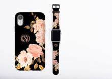 Roses iPhone case & Apple Watch Band Set, monogrammed phone case and watch band, golden peach custom iPhone case, faux leather, personalized