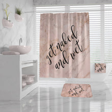 Get Naked and Wet - Funny Shower Curtain Bath Mat Bath Towel, Marble Design Bathroom Decor Set Sexy Bathroom Decor, sassy bathroom idea