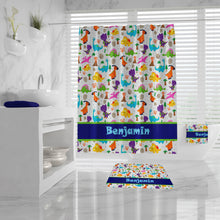 Cute Custom Dinosaur Shower Curtain, Monogrammed Name for Boys, Dinosaur Bath Mat and Towel, Kids Bathroom,customizable blue Bathroom Decor