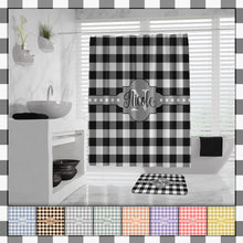 Buffalo Plaid Shower Curtain, Farmhouse Plaid Buffalo Check Bath Mat, monogram lumberjack shower curtain, Farmhouse Bath Decor, many colors