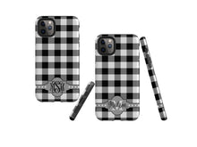Buffalo Plaid black and white iPhone 11 Pro Max Case, monogram Samsung Galaxy Note 10 Plus, iPhone XR, Galaxy S10, iPhone 8 Plus, Galaxy S9